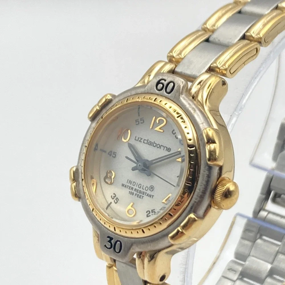 Vintage Liz Claiborne Womens Watch Indiglo Silver Gold Tone New Battery SMALL 6